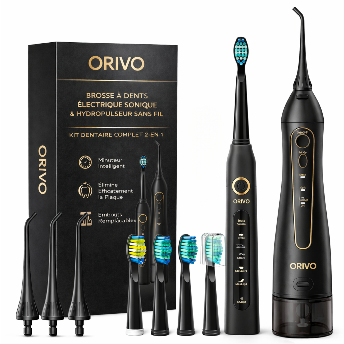 Brosse à dents électrique sonique 2-en-1 avec hydropulseur sans fil ORIVO D3